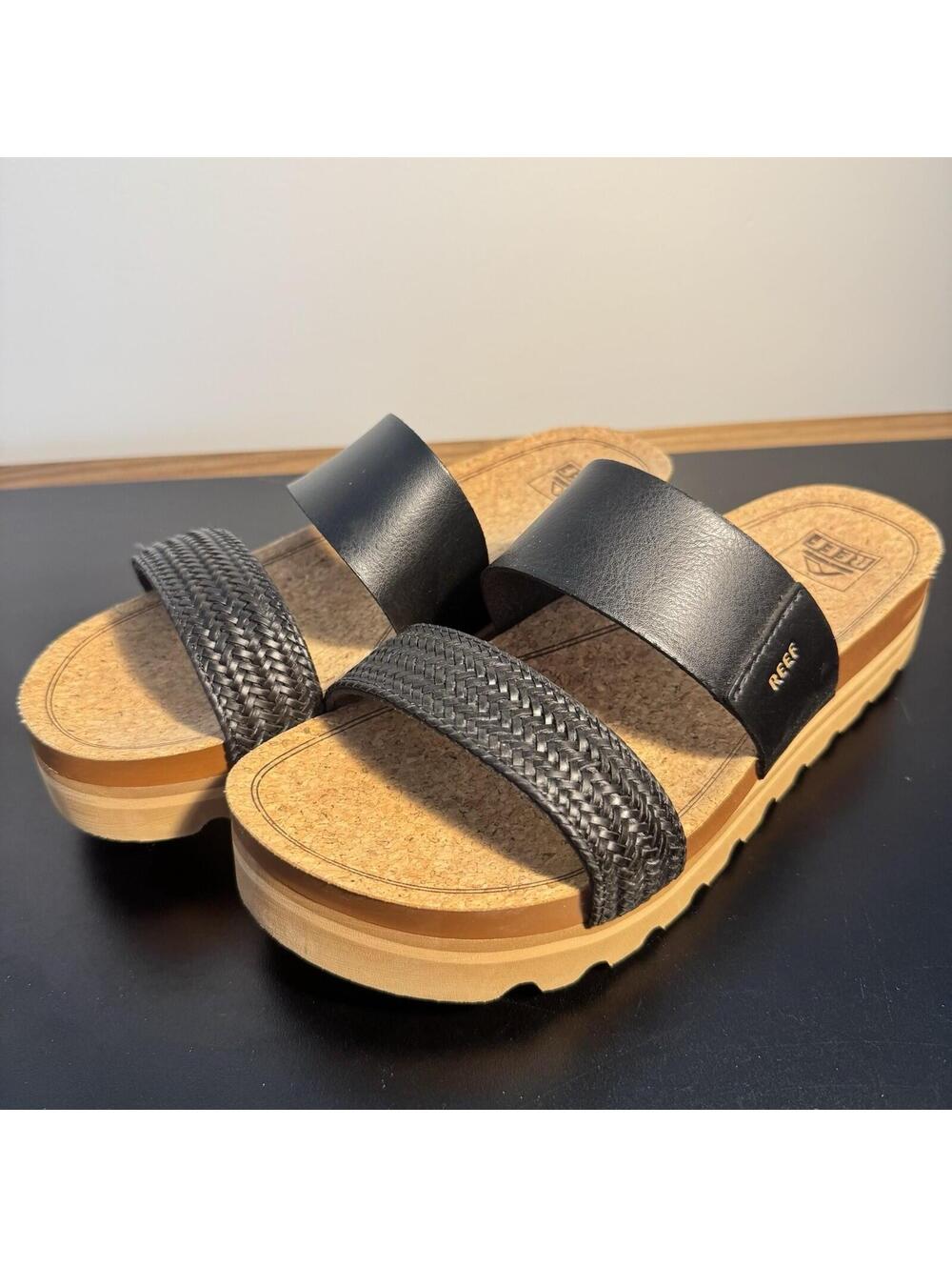 Reef Cushion Vista Higher Platform Sandals - Black Braided Size 9.5 Women’s Shoe